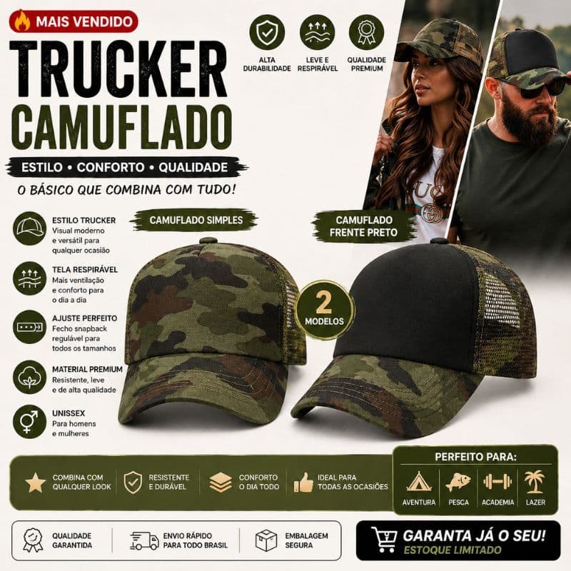 Boné Trucker Camuflado Militar Aba Curva Tela Redinha Snapback Ajustável Unissex Esporte Casual