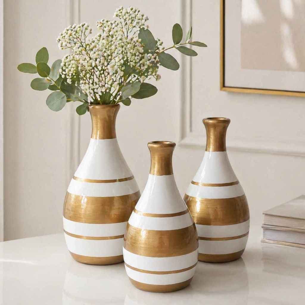 Conjunto 3 Vasos Decorativos em Cerâmica Alto Brilho Luxo Moderno Dourado e Branco  Pintados à Mão