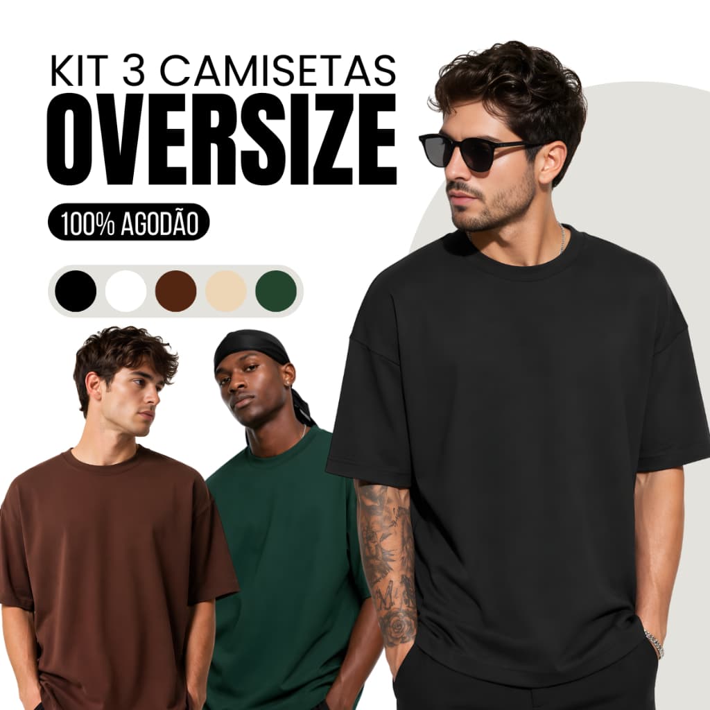 Kit com 3 camisetas Oversized Streetwear 100% algodão Gola Alta Padrão Americano Academia
