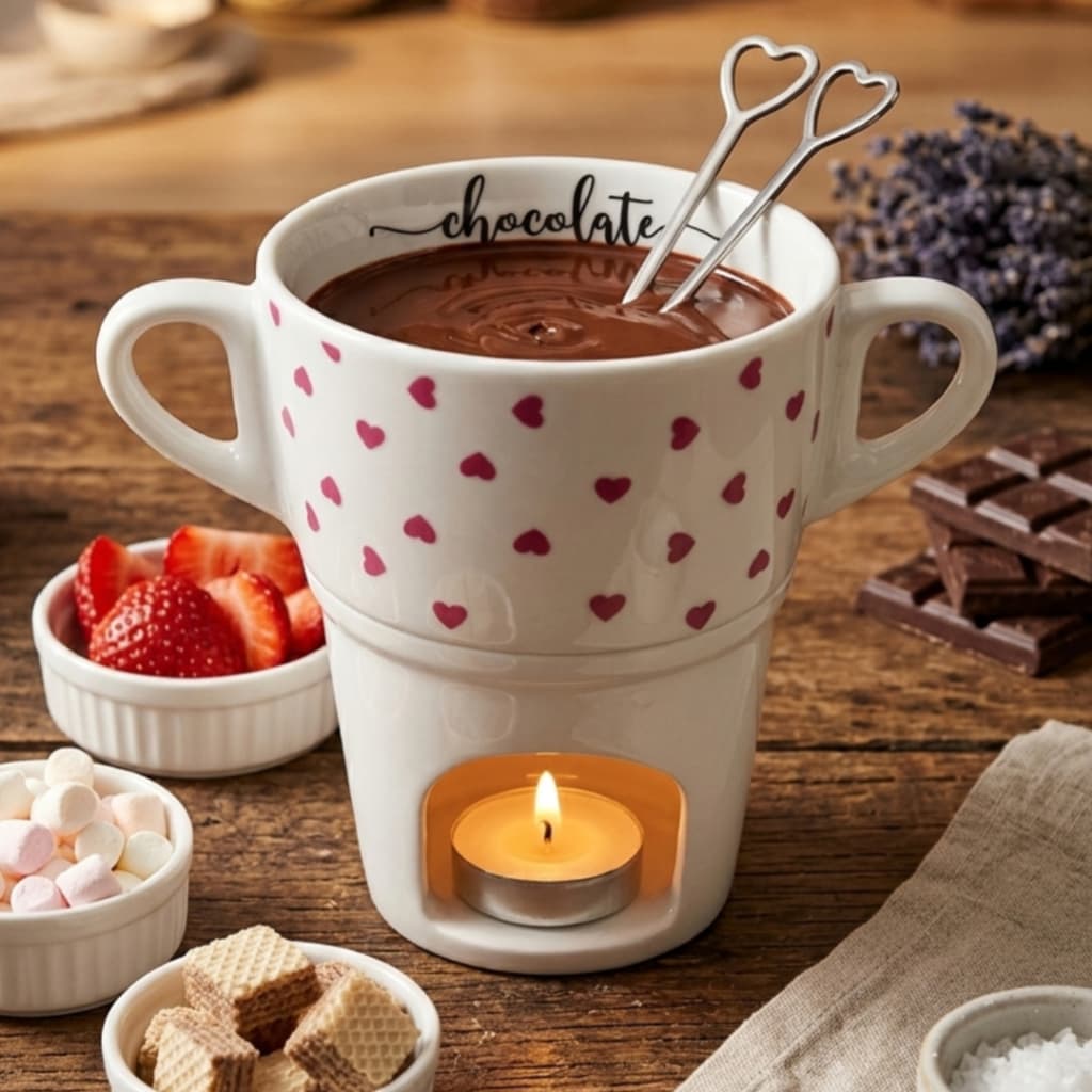 Caneca Fondue 250ml Porcelana Decorada Alça Chocolate Queijo Sobremesa Mesa Posta Dia Dos Pais