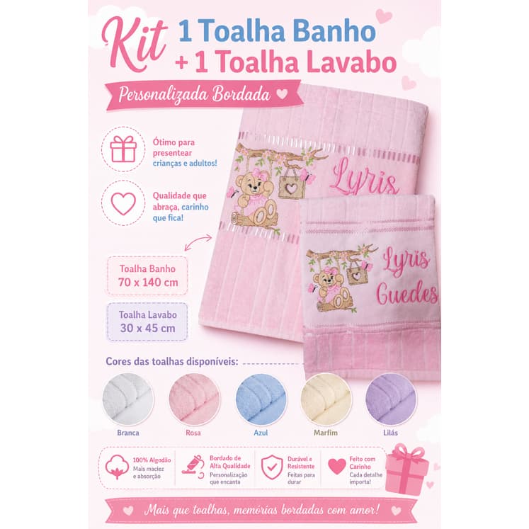 Kit Toalha Banho + Lavabo Personalizada Bordada Nome | Presente Infantil e Adulto