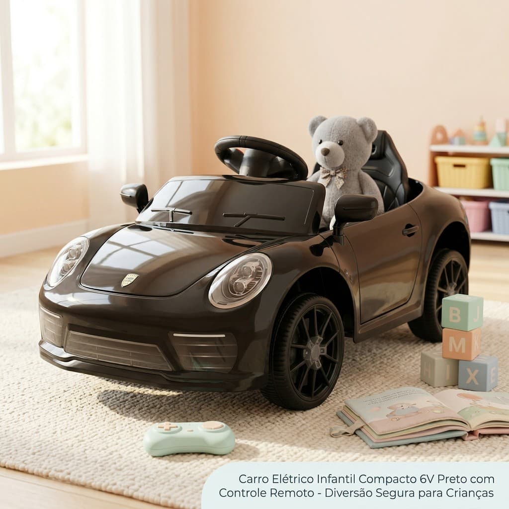 Carro Elétrico Infantil Compacto 6V Preto com Controle Remoto - Diversão Segura para Crianças