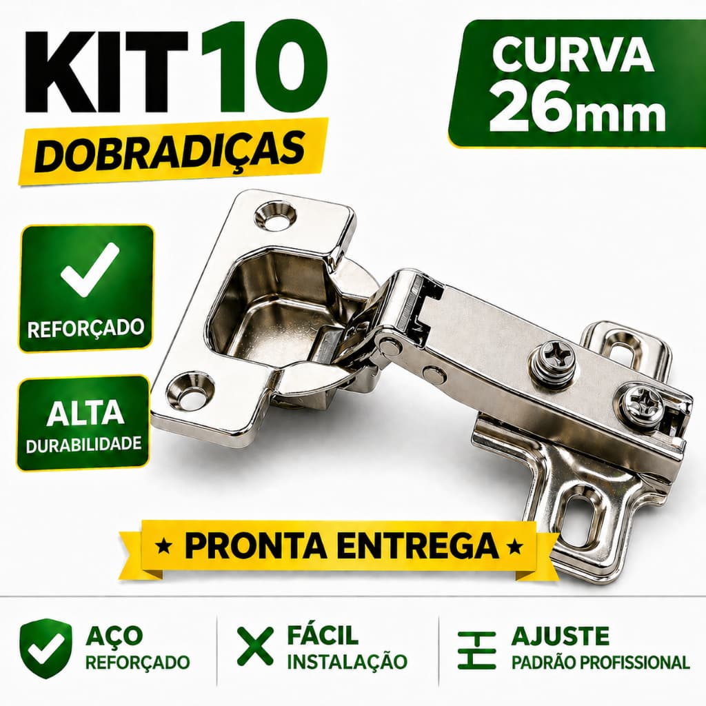 Kit 10 Dobradiça 26mm Curva Armário Porta Móveis Cozinha Guarda Roupa