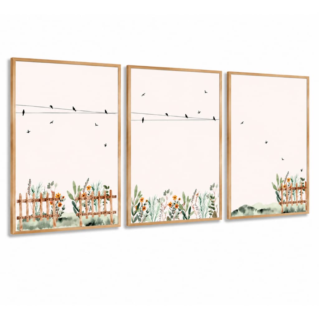 Kit 3 Quadros Decoração Infantil | Quarto Bebê Menina - Jardim de Flores e Floral No3
