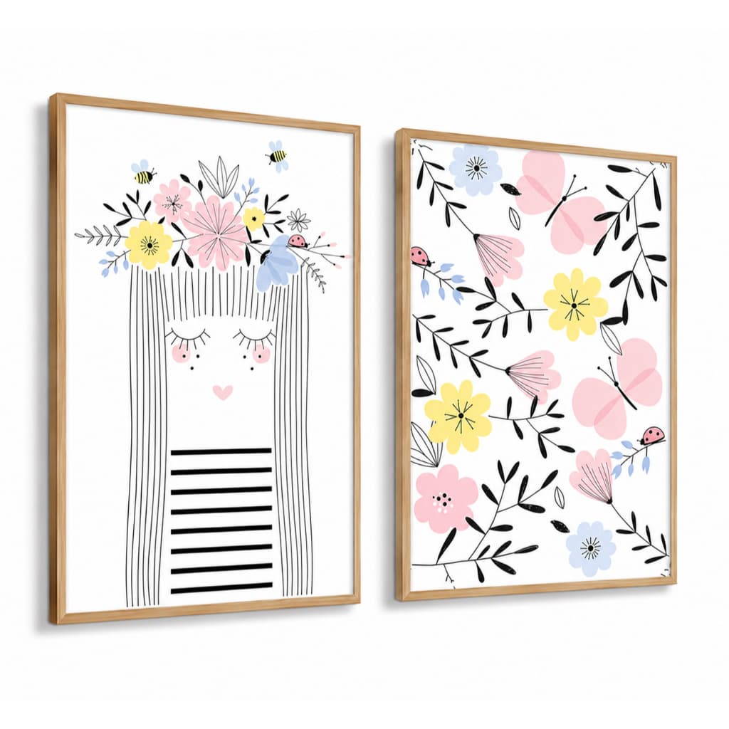 Kit 2 Quadros Decoração Infantil | Quarto Bebê Menina - Jardim de Flores No3