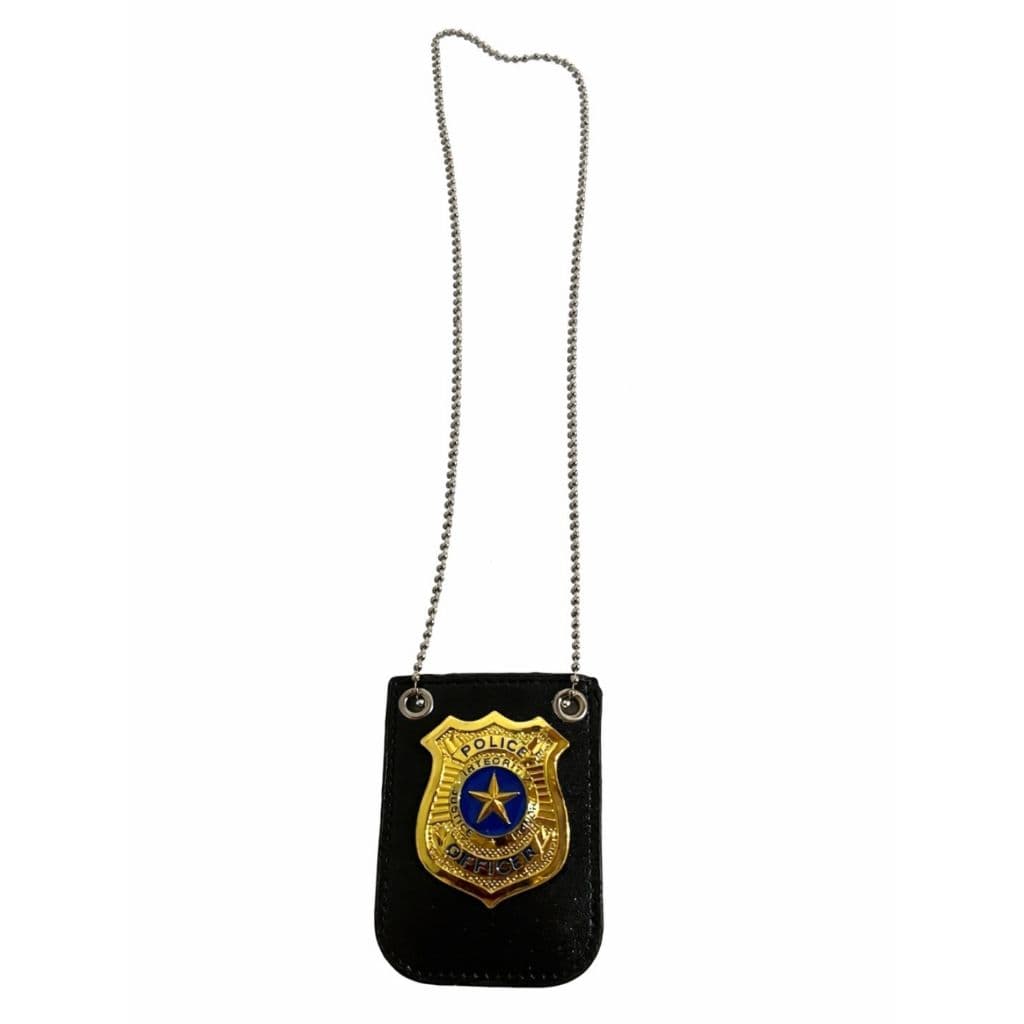 Distintivo Policial Luxo Fake Com Corrente Acabamento Couro - Acessório P/ Brincadeira Festa Fantasia