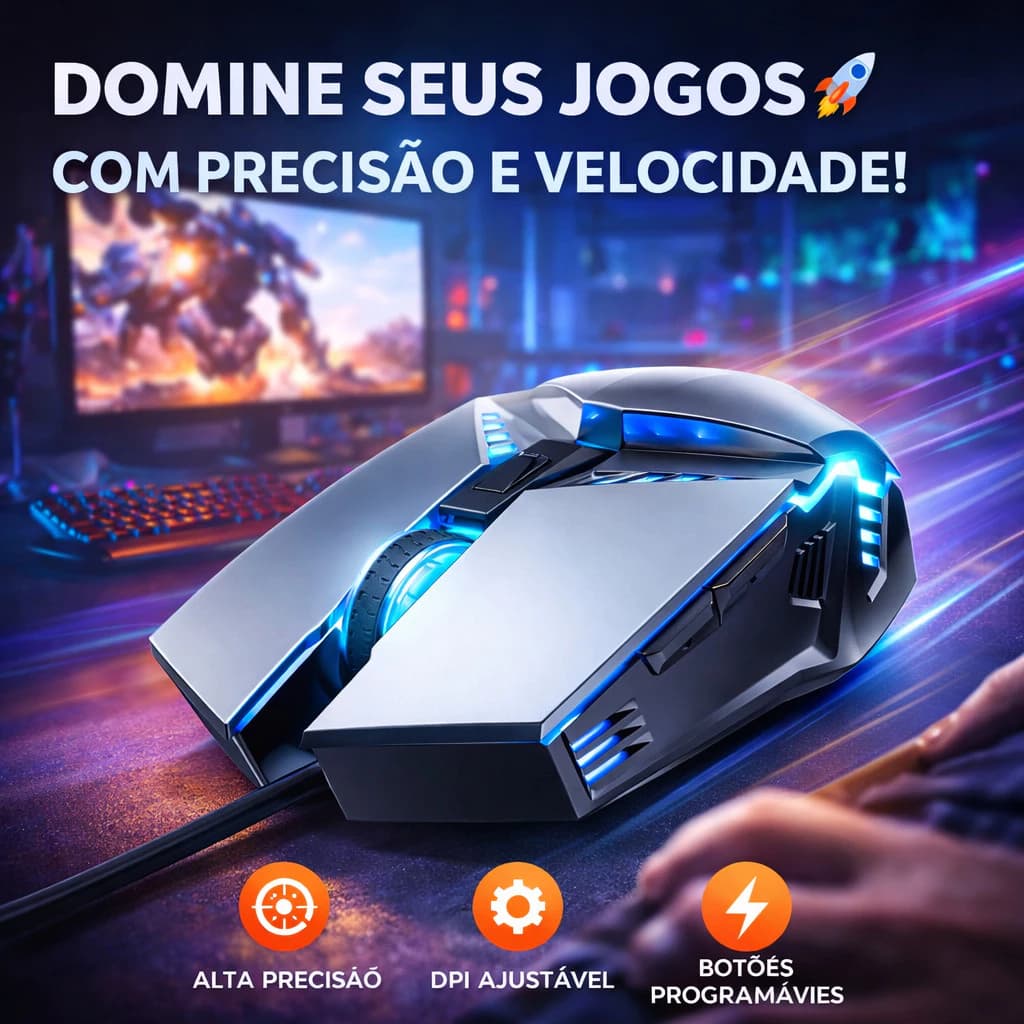 Mouse Gamer com Fio LED RGB – Alta Precisão para Jogos e PC com ele voce vai longe