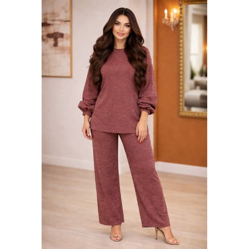 Conjunto Feminino Blus Gola Alta Manga Longa Calça Pantalona Elegante Casual Inverno Frio Tecido: Lanzinha Canelado