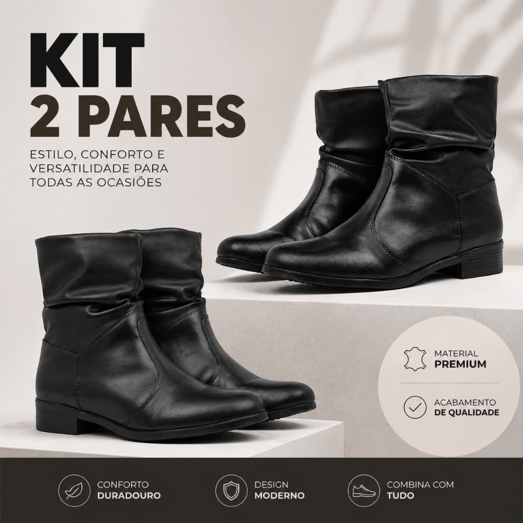 Kit 2 Pares Bota Coturno Feminina Sanfonada Cano Curto Outono Inverno Lançamento