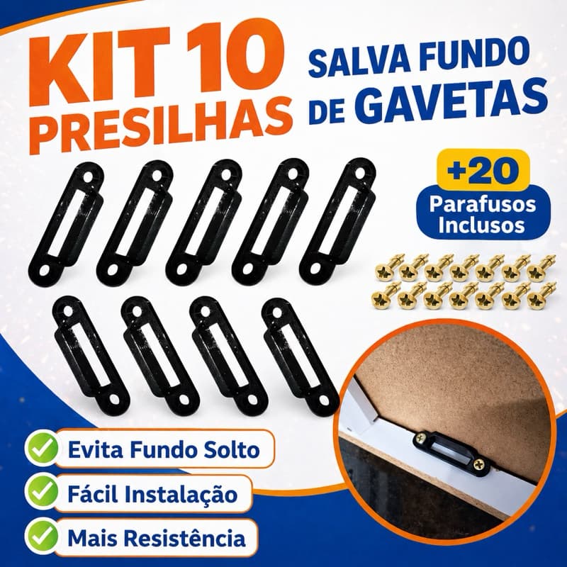 Kit 10 Clips Salva Fundo de Gaveta + Parafusos – Fixação Reforçada
