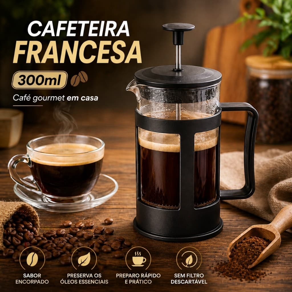 🔥 Cafeteira Francesa 300ml Prensa Vidro | Café Gourmet Barista Compacta – Envio Rápido