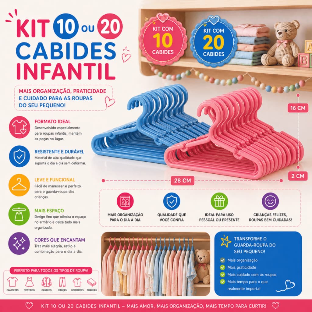 Kit De Cabides Infantil Bebê e Criança – Plástico Premium Comprimento 28cm Rosa ou Azul