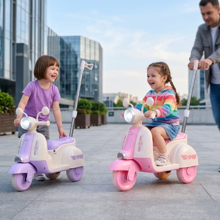 Moto Elétrica Infantil Rosa c/ Empurrador LED Som USB Segura e Divertida INMETRO
