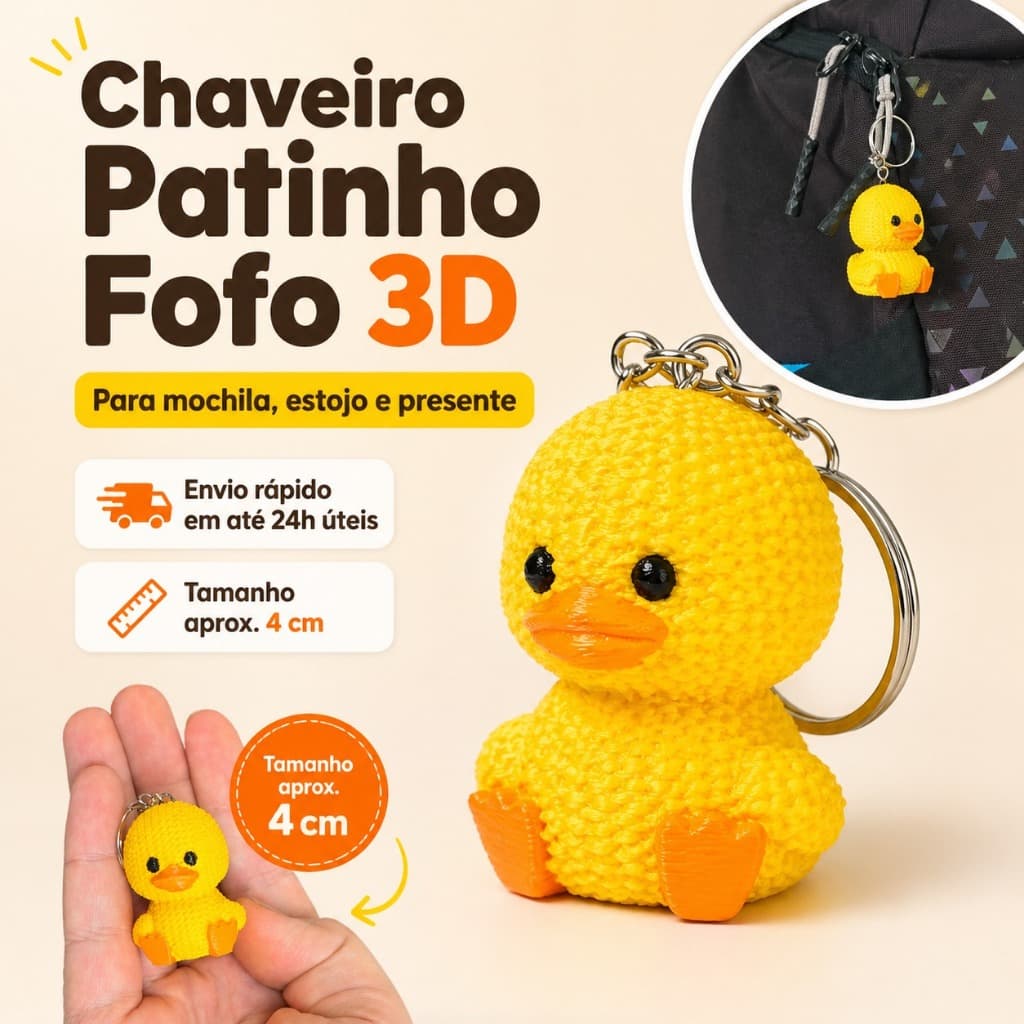 Chaveiro Patinho Amarelo 3D Efeito Crochê 4cm Unidade ou Kit para Mochila Bolsa e Presente