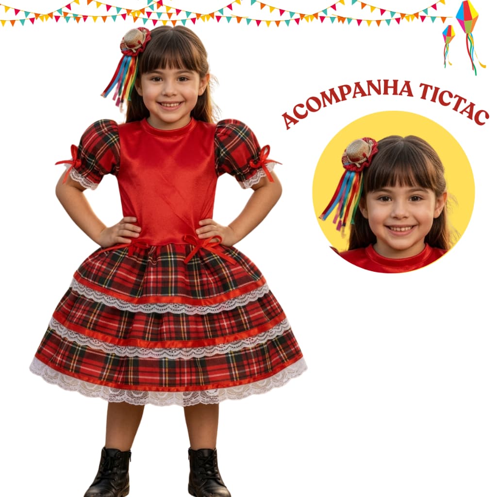 Kit Vestido Xadrez Festa Junina Infantil São João + Tictac Roupa de festa Junina Vestido Menina