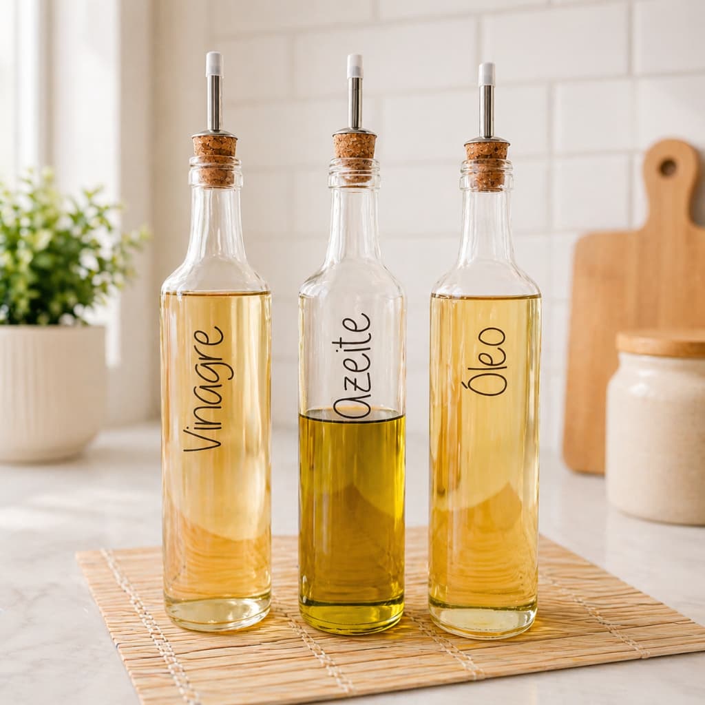 Kit 3 Galheteiros de Vidro 500 ml | Bico Dosador Cortiça | Vinagre | Azeite | Óleo