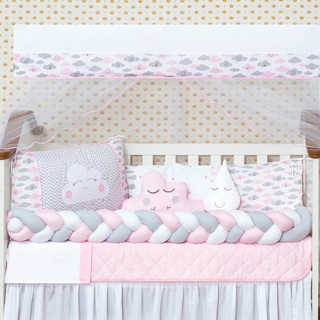 Kit Berço Nuvem Trança Rosa + Protetor 6 Peças | Padrão Americano/Nacional/Mini Berço