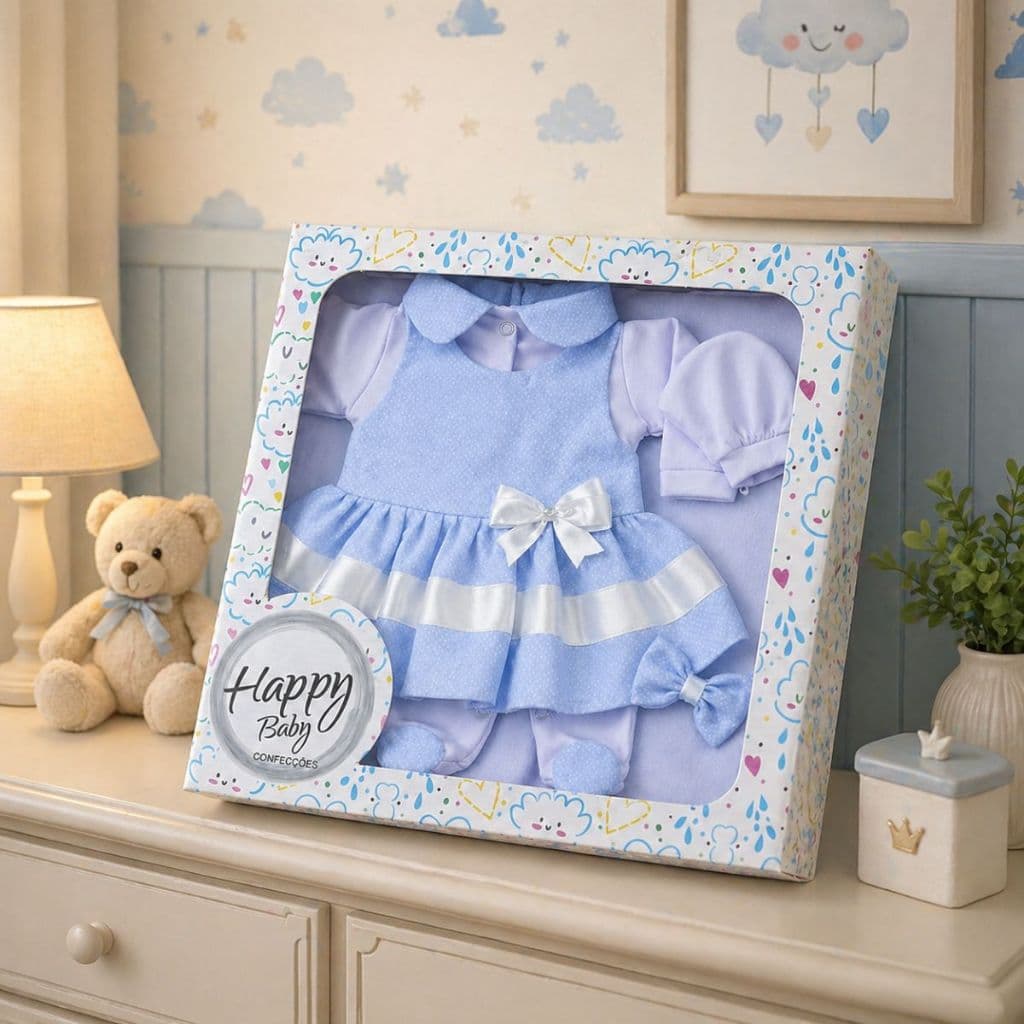 Saída Maternidade Menina Eliza Azul Kit 05 Peças Roupas de Bebê Com Caixa