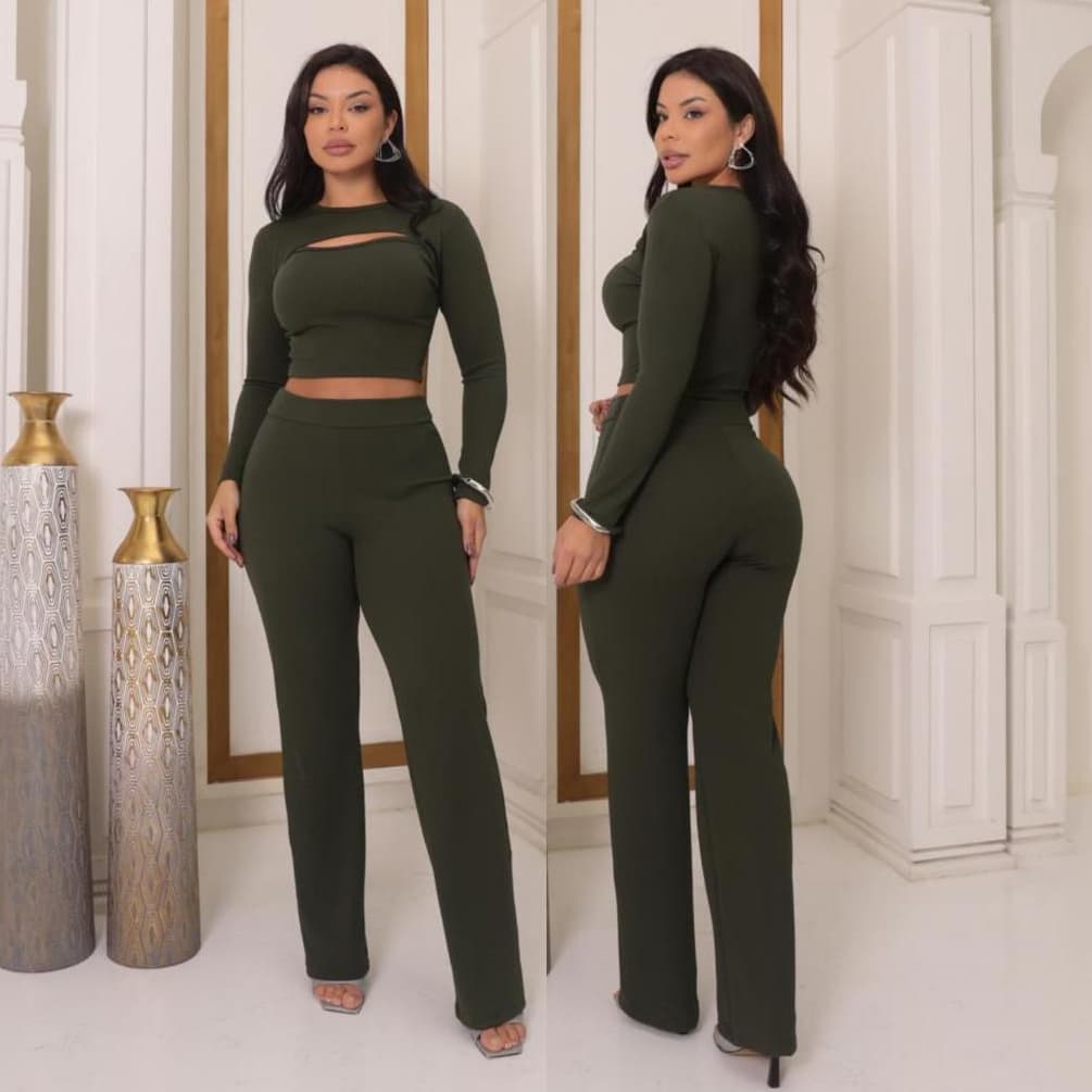 Conjunto Feminino Casual Calça e  Blusa Cropped Abertura Busto Manga Longa Canelado Anarruga Inverno  P ao GG