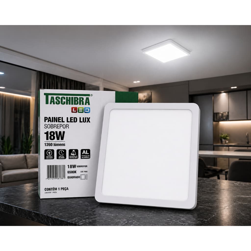 painel led lux sobrepor 18w 1260 lumens quadrado branco luminaria luz branca taschibra