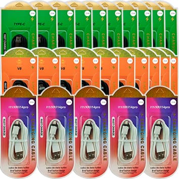 KIT COM 25 CABOS TURBO 10 CABOS TIPO C 10 CABOS SMARTPHONE V8 5 CABOS COMPATIVEL PARA IPHONE NO ATACADO PARA REVENDER