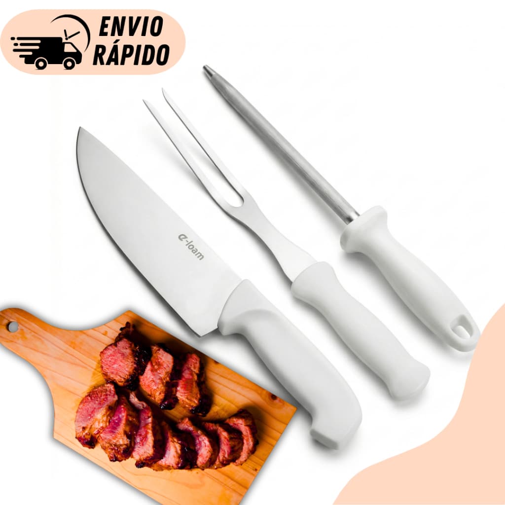 Conjunto Para Churrasco De Aço Inox Contendo Um Faca Garfo Chaira Linha Original Line Cheff Clink Prático E Fácil