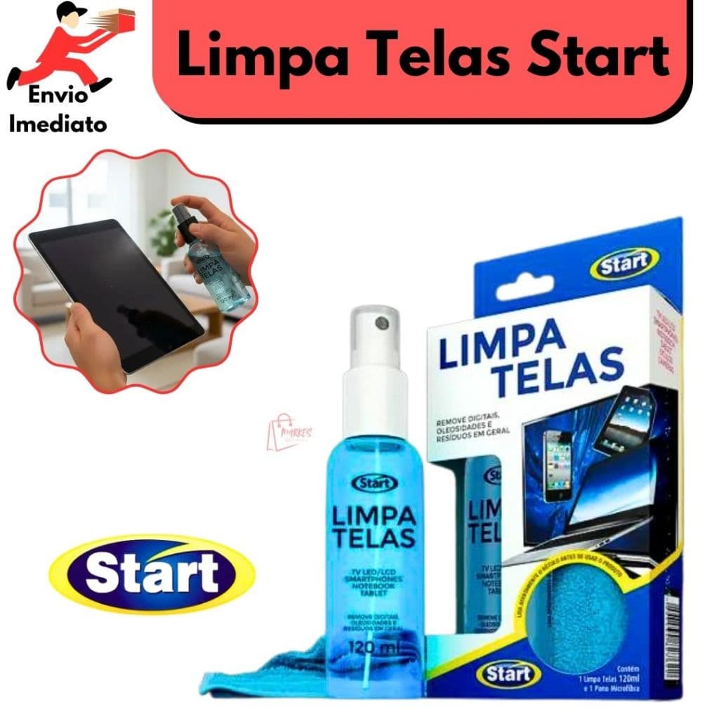Limpa Telas Start 120 ML + Pano Microfibra P/ Celular Notebook TVS Óculos Limpeza Eficiente