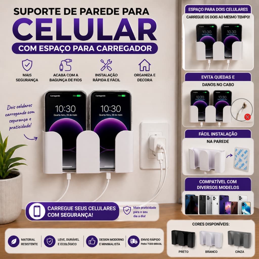 Suporte de Parede para Celular com Porta Carregador | Organizador de Tomada | Suporte para Carregar Celular Seguro