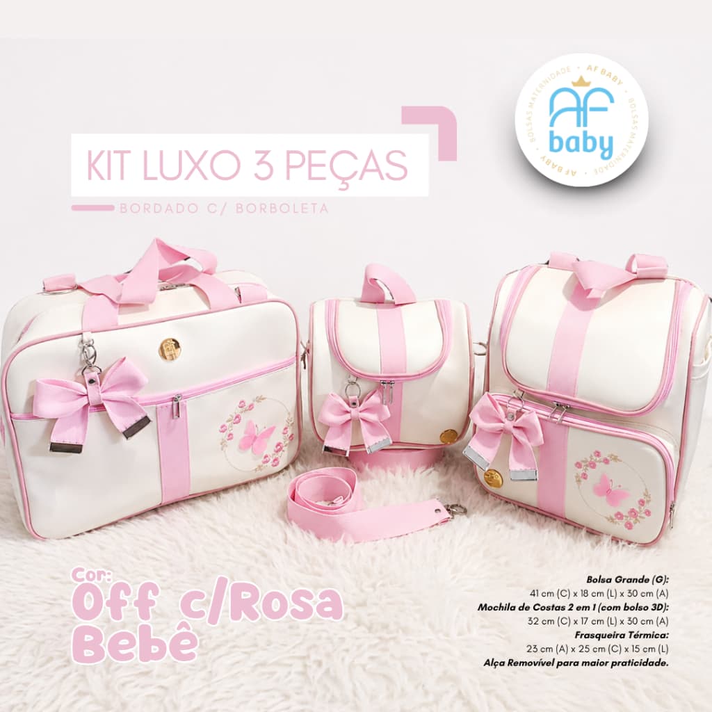 kits Maternidade 3 Peças Menina e Menino l Mala | Mochila l Frasqueira Bordado com Borboleta