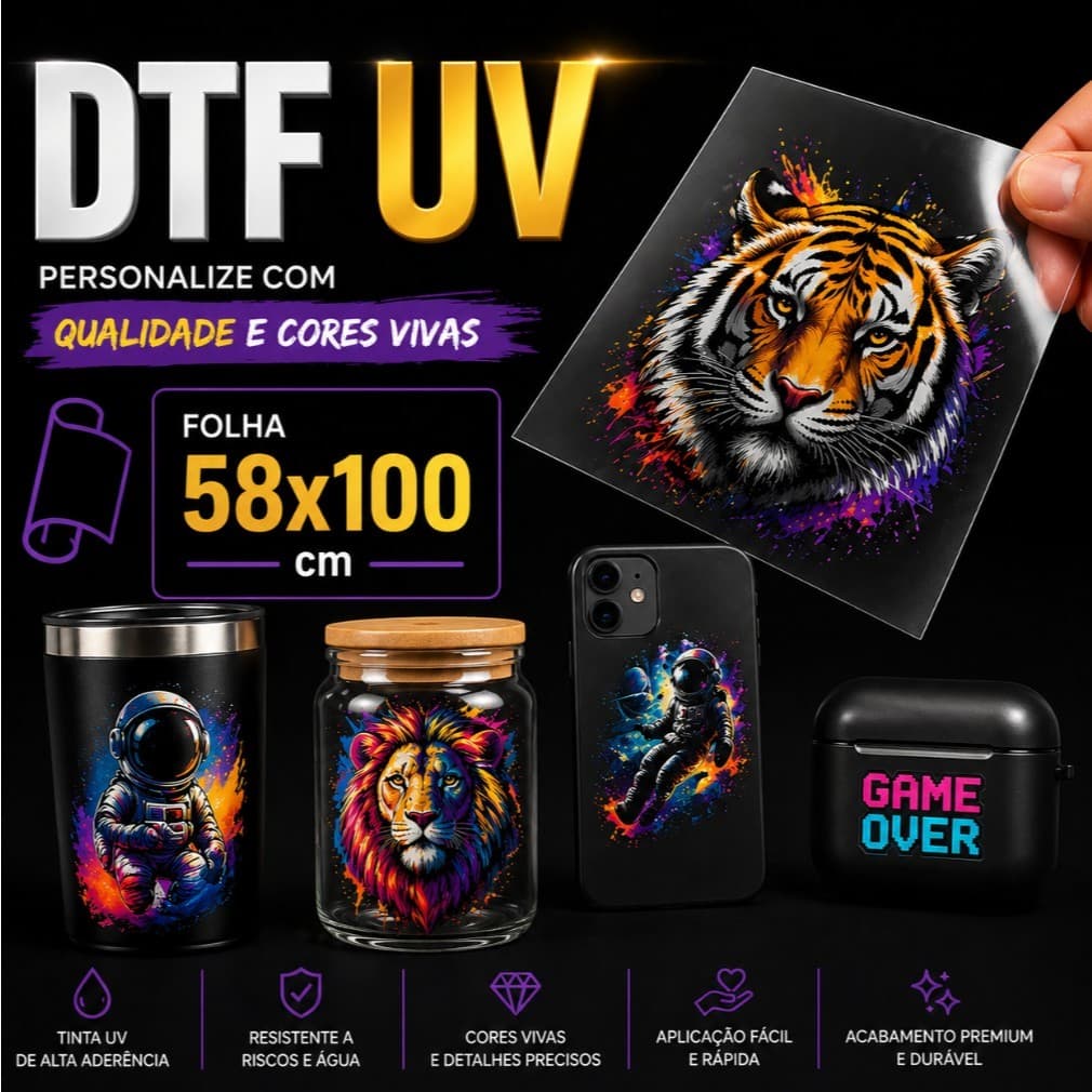 ADESIVO DTF UV AUTOCOLANTE METRO 58X100 ALTA QUALIDADE PARA COPOS CANECAS PLASTICOS METAIS MADEIRA