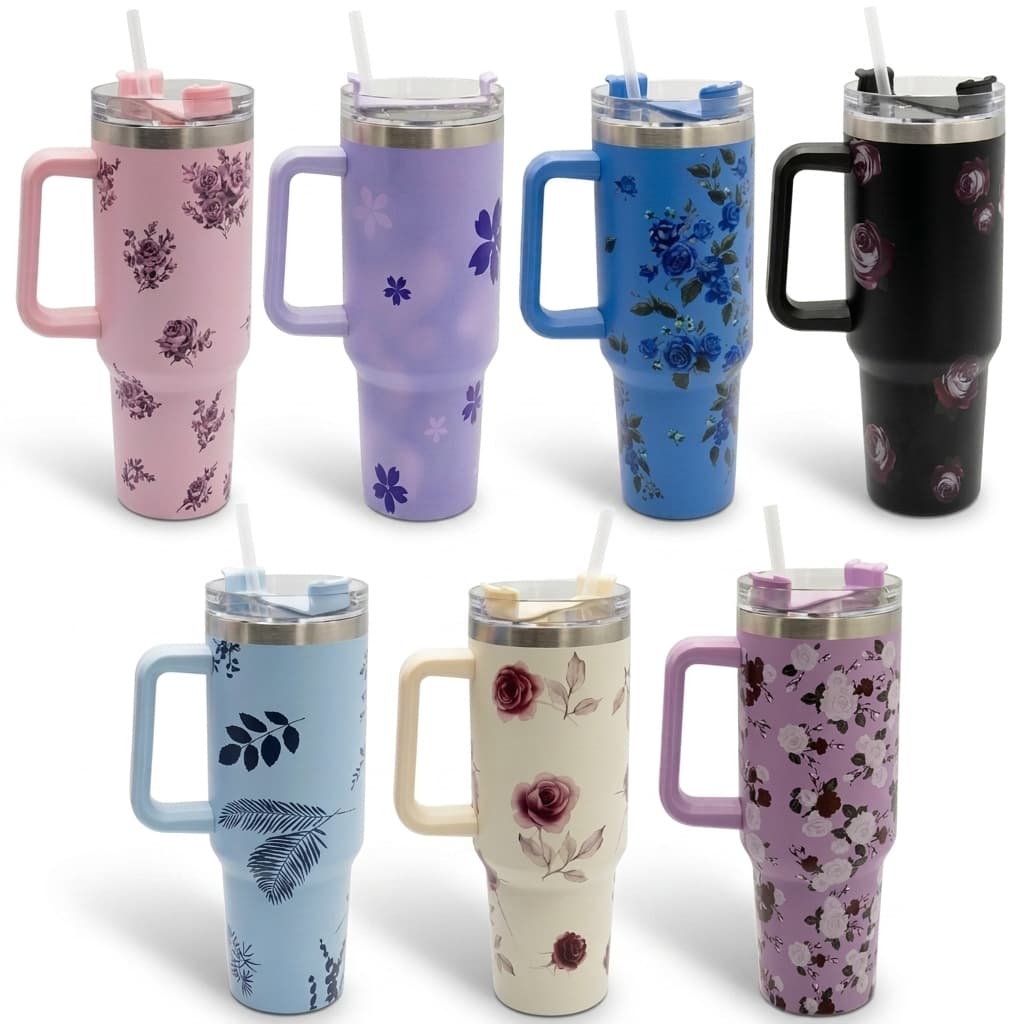 Copo Térmico Com Estampas Florais - Aço Inox com Tampa Emborrachada 1200ml MS-931