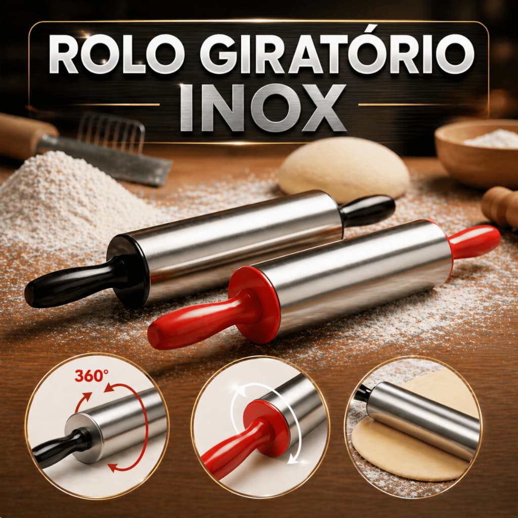 Rolo de Inox Giratório 360° Profissional Antiaderente Leve - pão, massas em geral