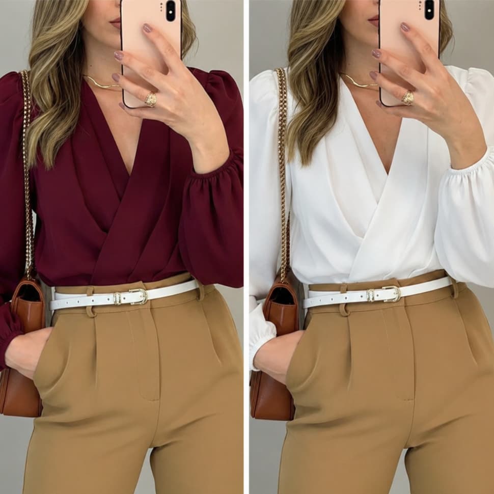 KIT Com 2 Blusa Feminina Manga Longa Transpassada Conte V Elegante Tecido Duna Elástico no punho.