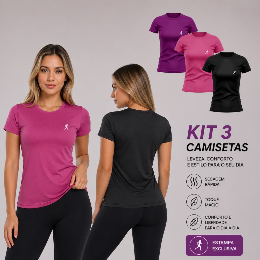 Kit 3 Camisetas Femininas Manga Curta Para Treino Academia Corrida Caminhada Estampada Mulher Correndo