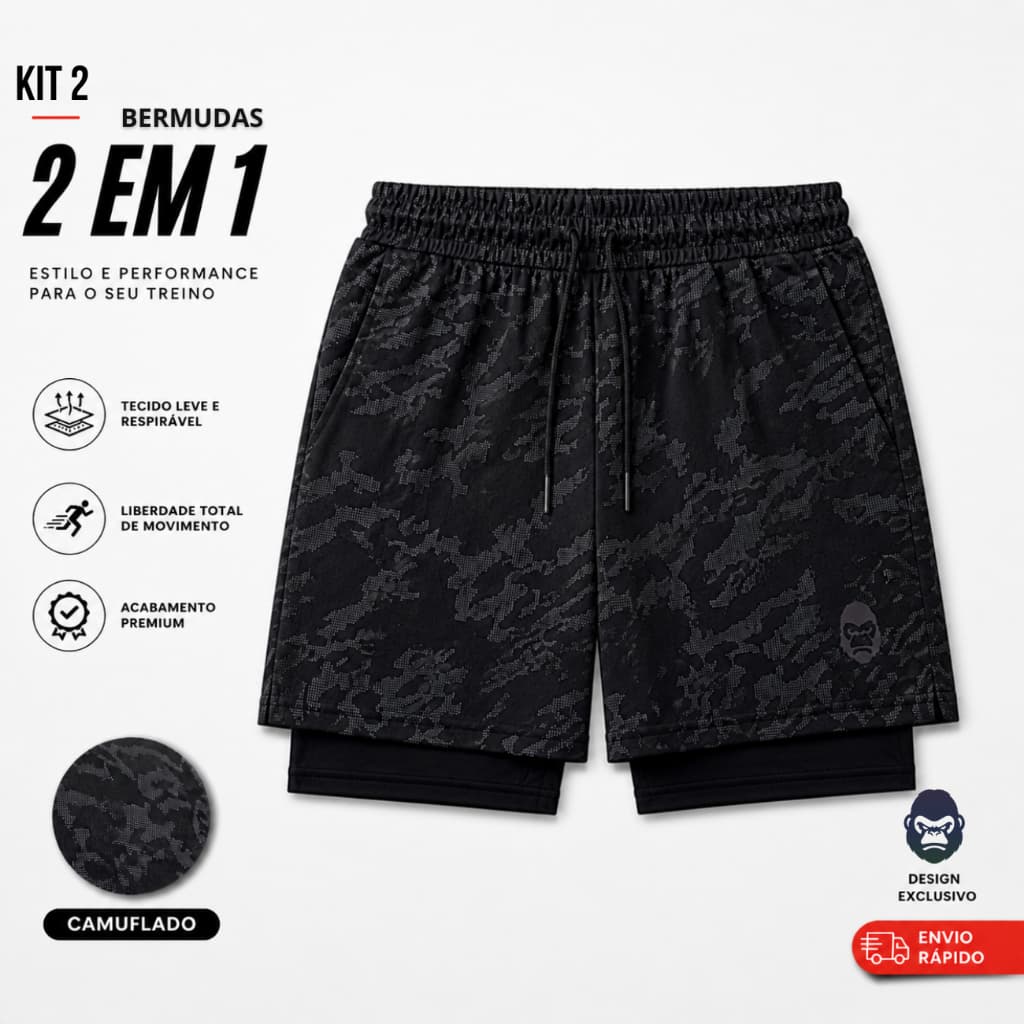 Kit 2 Shorts 2 em 1 Kong Esportivas Com Bolso para Celular e Forro de Compressão