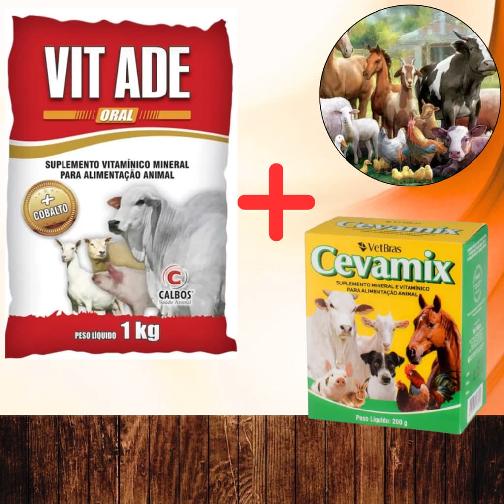 Ganho de Massa e Peso Animal VIT ADE 1kg e CEVAMIX 200g Suplementos fortificante Mineral Vitamínico