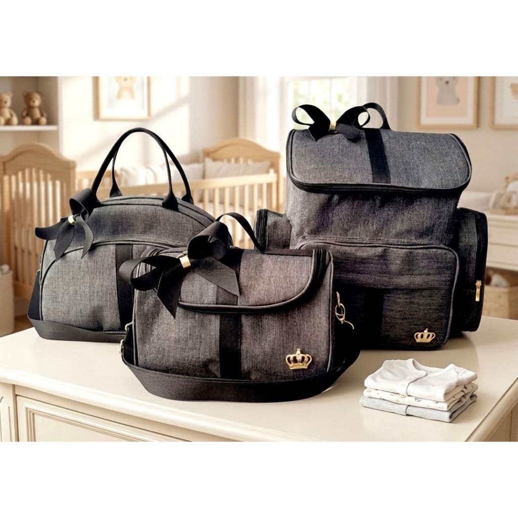 Kit Bolsa Maternidade e Mochila Preta Luxo 3 Bolsas Laço