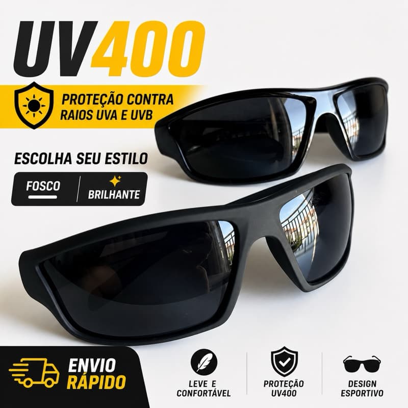 Óculos de Sol Masculino Esportivo UV400 Preto Fosco ou Brilhante Proteção Solar