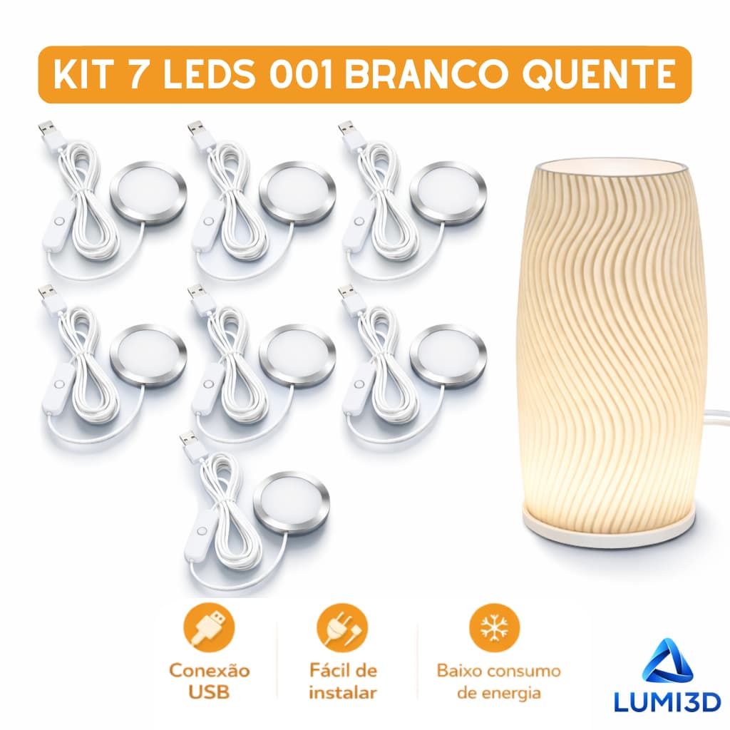 Kit 7x LED 001 Branco Quente USB 5V para Impressora 3D Bambu Lab Projeto DIY