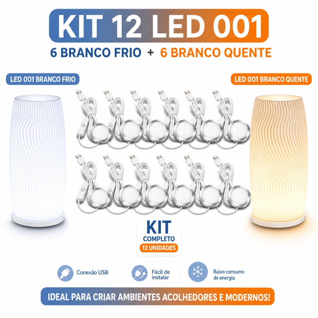 Kit 12x LED 001 Branco Frio + Quente USB 5V Bambu Lab Melhor Custo Benefício Projeto DIY