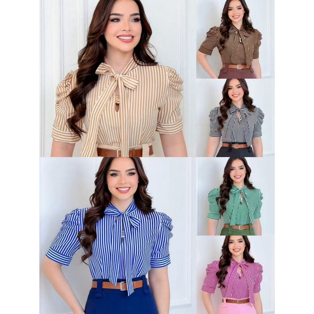 Blusa Plus Size G1 G2 G3 Feminina Estampado Listradas Social Manga Curta Bufante com laçinho Moda evangélica