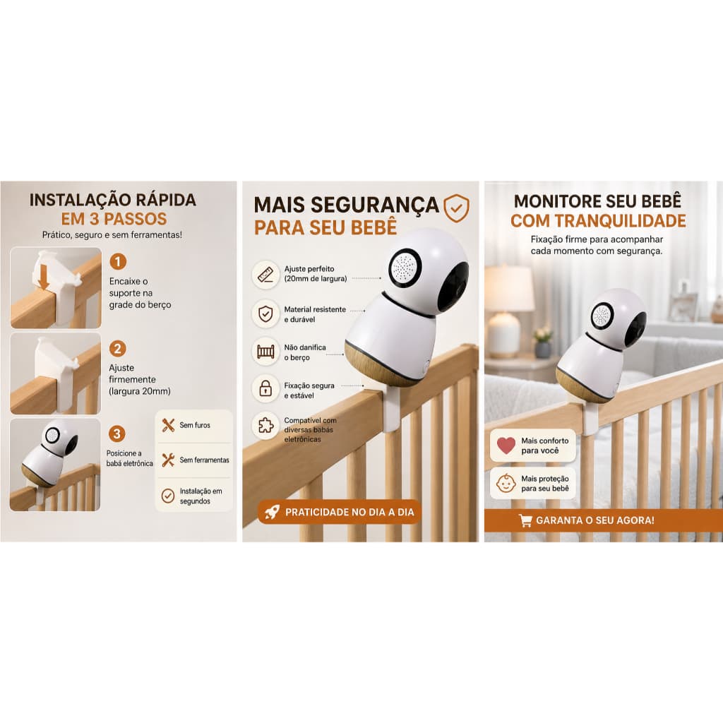 Suporte adaptador de berço fixação por presilha compatível com babá Eletrônica Baby monitor