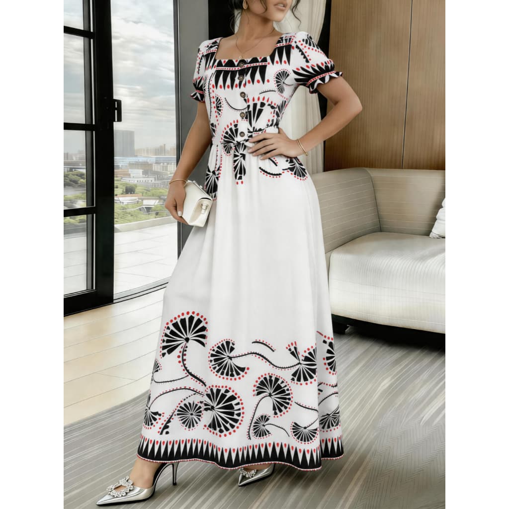 Vestido Feminino Manga Curta Cinturado Com Decote Quadrado Estampado Em Linha A Elegante Para Férias