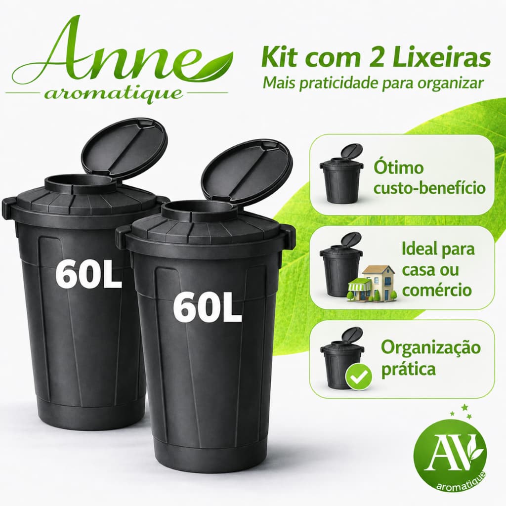Kit 2 Lixeiras 60L com Tampa e Trava Higiênica Cesto Multiuso para Prédio Condomínio Coleta Seletiva