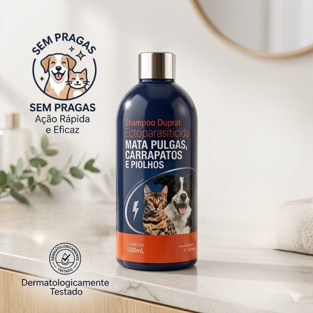 Shampoo Antipulgas e Carrapatos Duprat 500ml Para Cães e Gatos Mata Pulgas Piolhos e Carrapatos