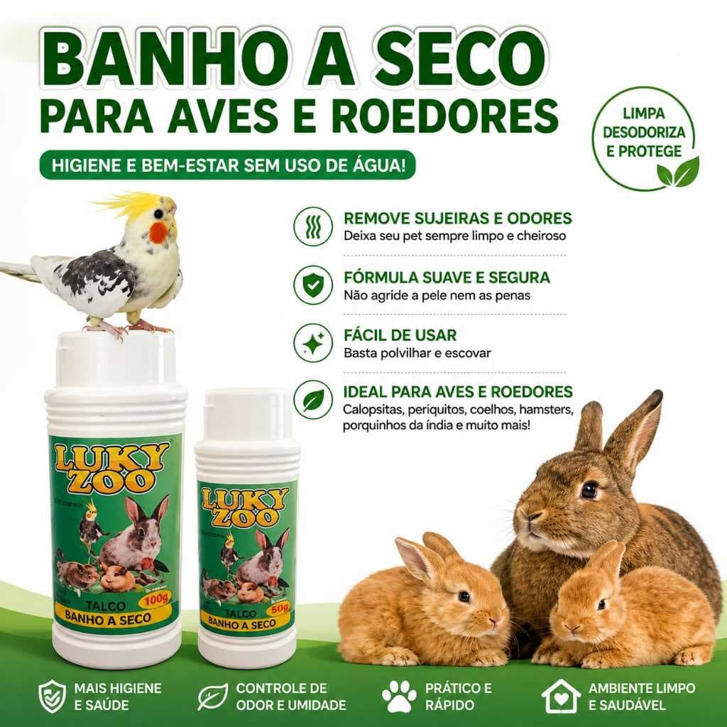 Talco banho a seco Coelhos, Hamster Calopsita e Aves - Higienização de Gaiola e Viveiros Promoção