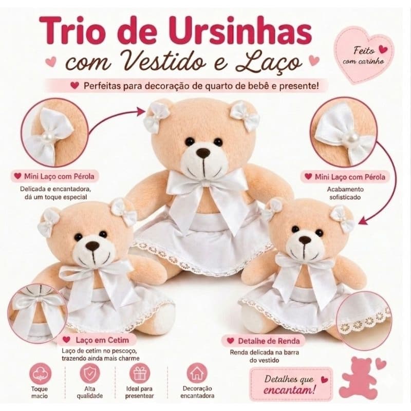 Trio de Ursinhas Pelúcia para Nicho | Decoração Quarto Bebê Menina | Presentes Festa Infantil