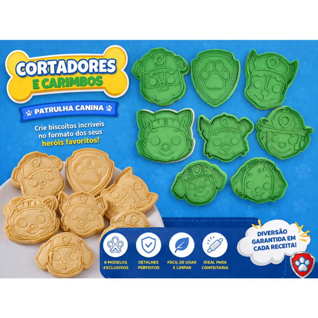 Kit Cortadores e Carimbos para Biscoito Paw Canina – 4, ou 8 Peças | Modela e Carimba Massa