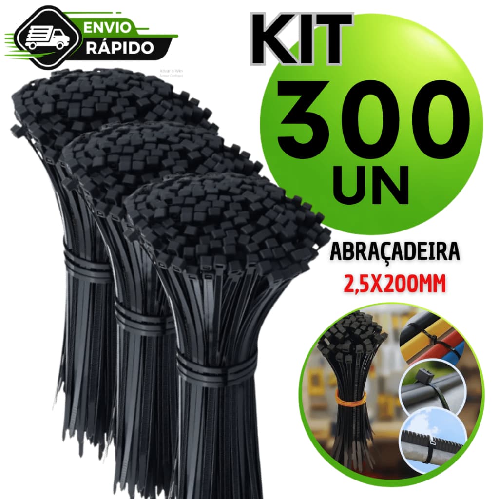 Kit Abraçadeiras Nylon Enforc@ G@to Preto 200mm x 2.5mm Cinta Plástica Resistente Organizador