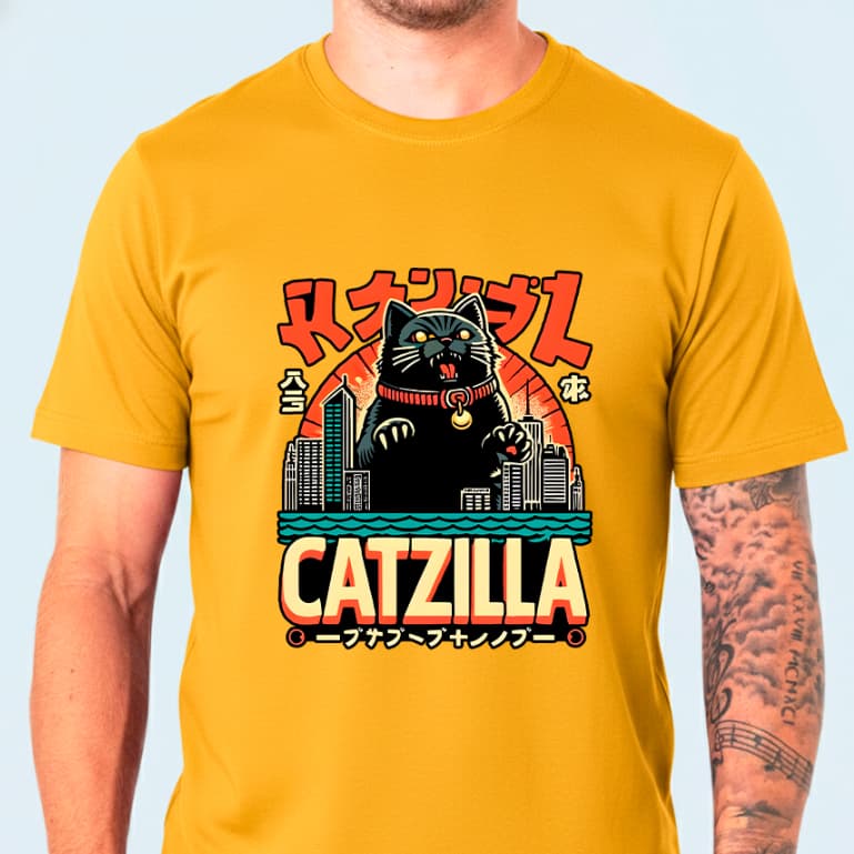Camiseta CATZILLA Gato Japonês Masculino e Feminino 100% algodão Streetwear